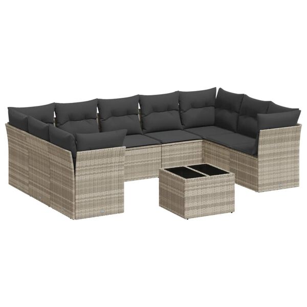 vidaXL 10-delige Loungeset met kussens poly rattan lichtgrijs