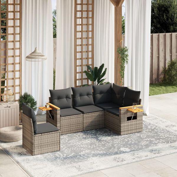 vidaXL 5-delige Loungeset met kussens poly rattan grijs