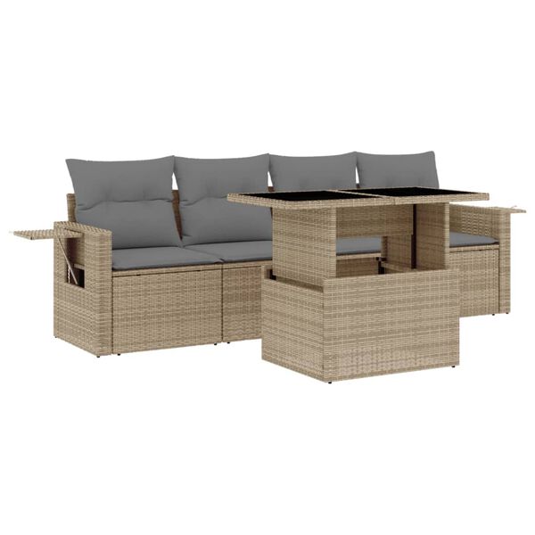 vidaXL 5-delige Loungeset met kussens poly rattan beige