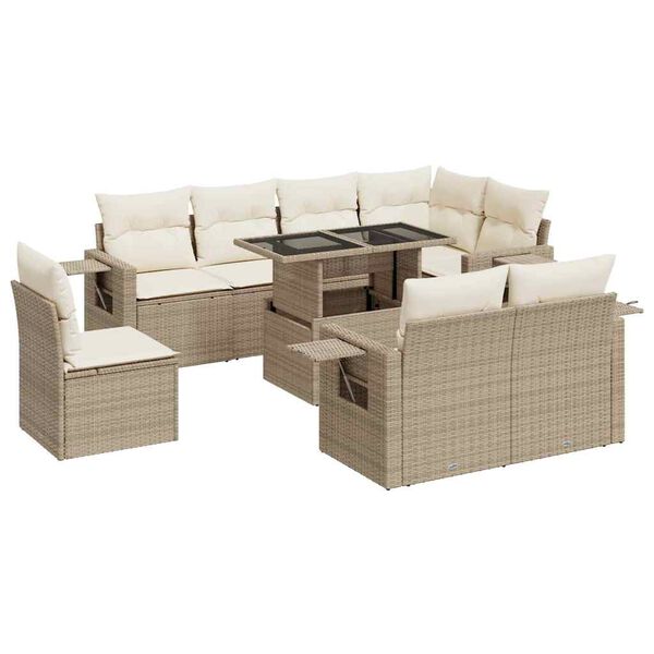 vidaXL 9-delige Loungeset met kussens poly rattan beige