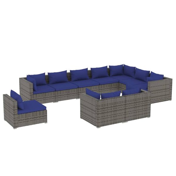 vidaXL 10-delige Loungeset met kussens poly rattan grijs