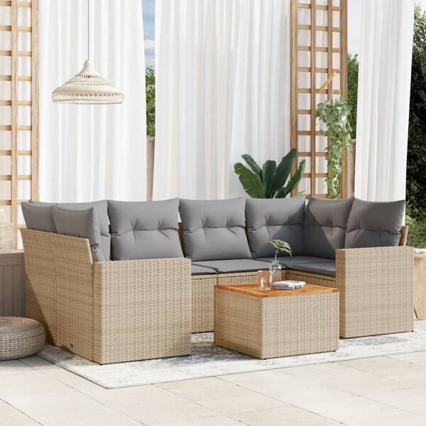 vidaXL 7-delige Loungeset met kussens poly rattan gemengd beige