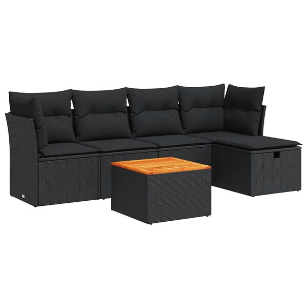 vidaXL 6-delige Loungeset met kussens poly rattan zwart