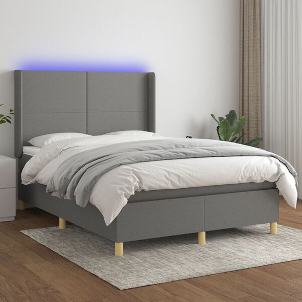 vidaXL Boxspring met matras en LED stof donkergrijs 140x190 cm