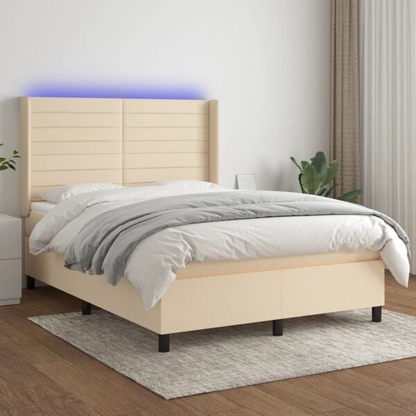 vidaXL Boxspring met matras en LED stof cr&egrave;mekleurig 140x190 cm