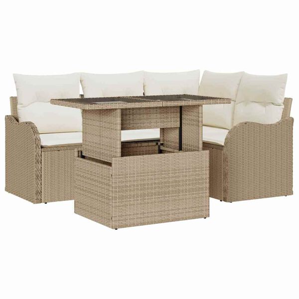 vidaXL Buiten eetset met kussen 5 pcs Beige Poly riet