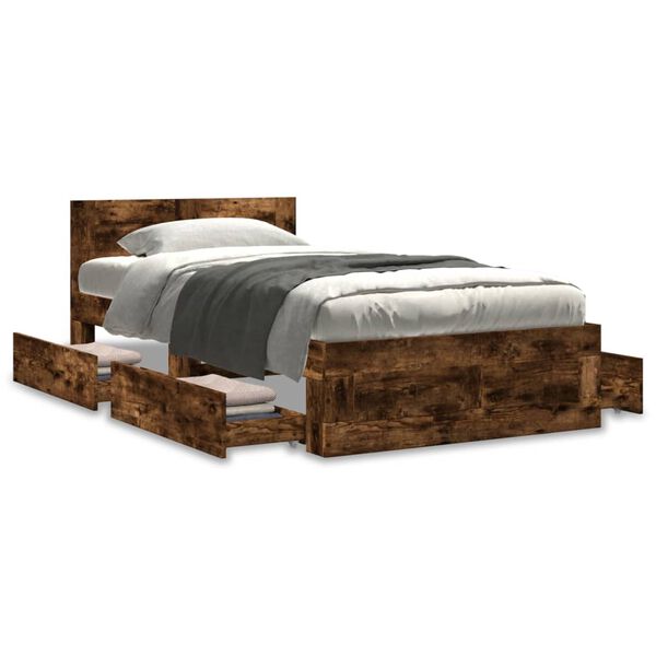 vidaXL Bedframe met hoofdbord bewerkt hout gerookt eiken 75x190 cm