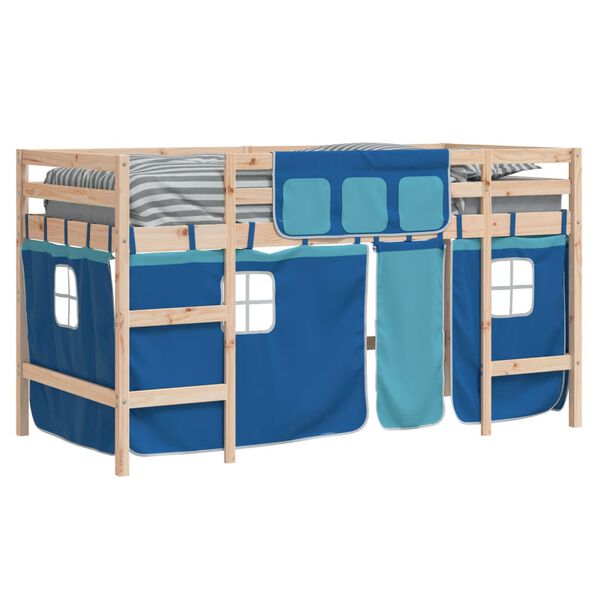 vidaXL Kinderhoogslaper met gordijnen 90x190 cm grenenhout blauw