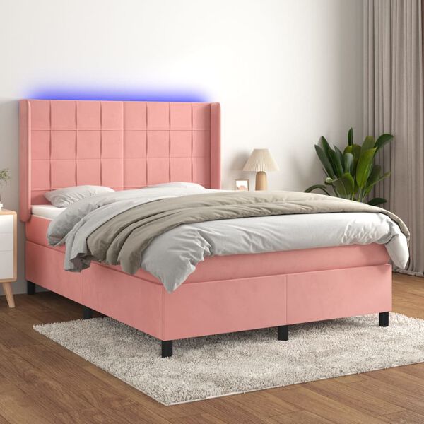 vidaXL Boxspring met matras en LED fluweel roze 140x190 cm