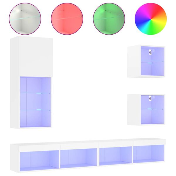 vidaXL 5-delige Tv-wandmeubelset met LED-verlichting bewerkt hout wit