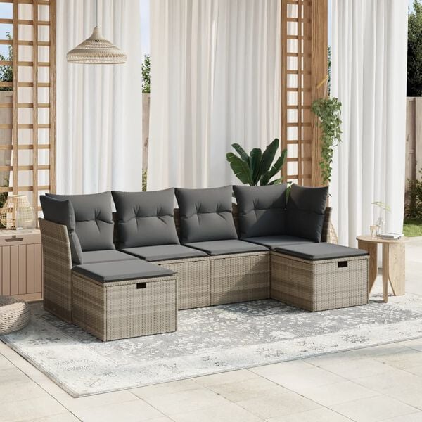 vidaXL 6-delige Loungeset met kussens poly rattan lichtgrijs