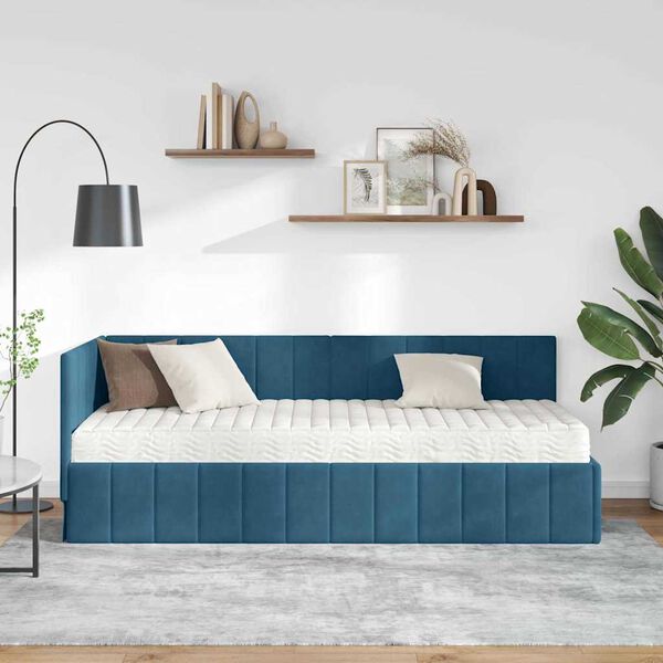 vidaXL Hoekbedframe met Matras met hoofdeinde 2 pcs Blauw Fluweel