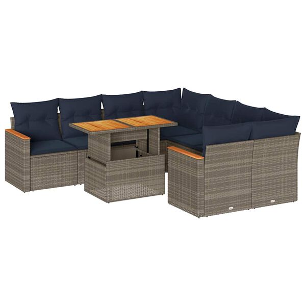 vidaXL 9-delige Loungeset met kussens poly rattan grijs
