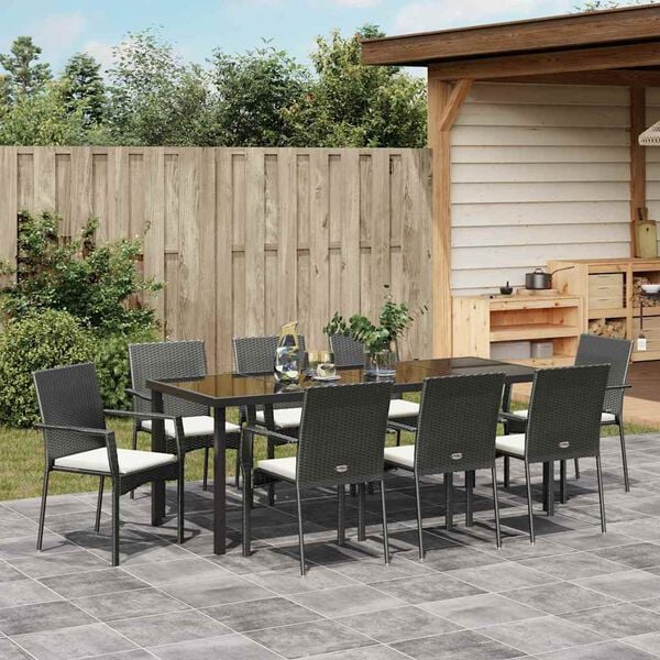 vidaXL Tuin eettafelset met kussen 9 pcs Zwart poly rattan