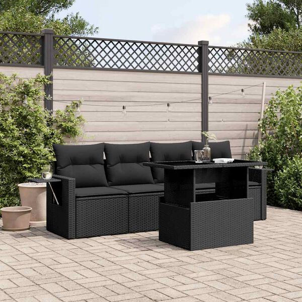 vidaXL 5-delige Loungeset met kussens poly rattan zwart