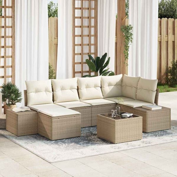 vidaXL Tuin Sofa Set met kussen 7 pcs Beige en Cr&egrave;me poly rattan