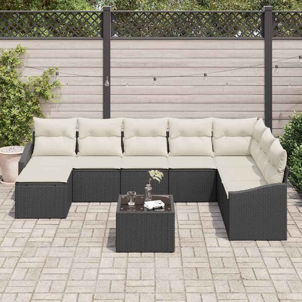 vidaXL Bankstel met kussen 9 pcs Zwart poly rattan