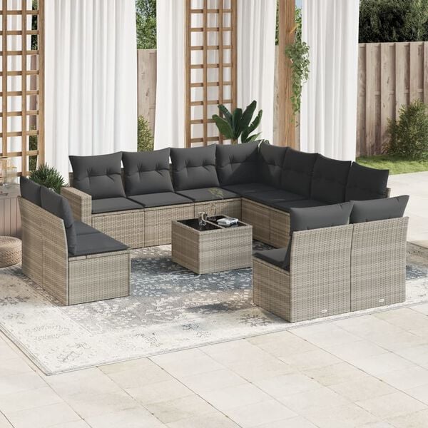 vidaXL 12-delige Loungeset met kussens poly rattan lichtgrijs