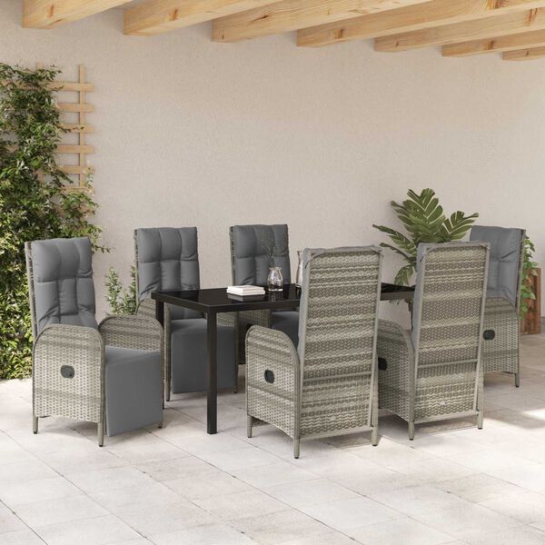 vidaXL Tuin eettafelset met kussen 7 pcs Grijs poly rattan