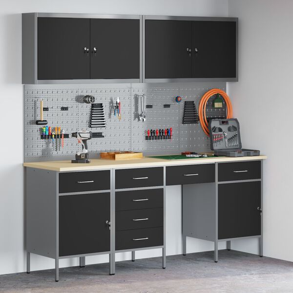 vidaXL Werkbank met lade met slot 10 pcs Zwart 200 x 55 x 200 cm Staal