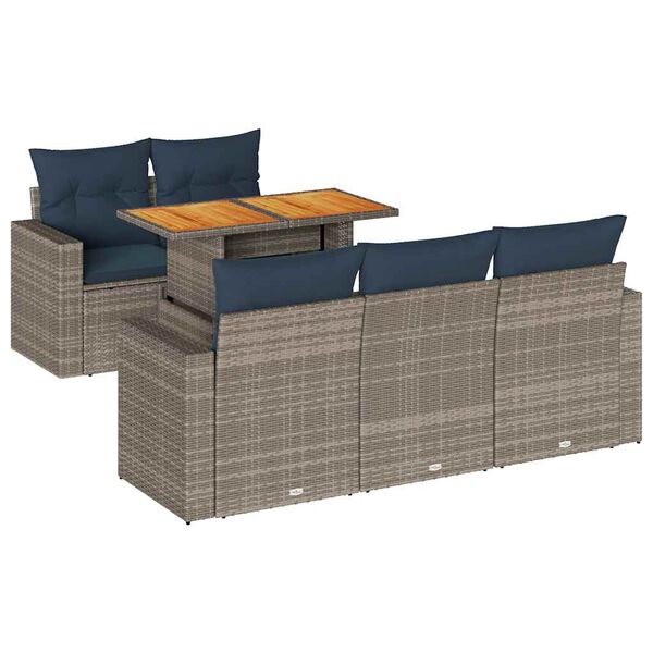 vidaXL 6-delige Loungeset met kussens poly rattan grijs