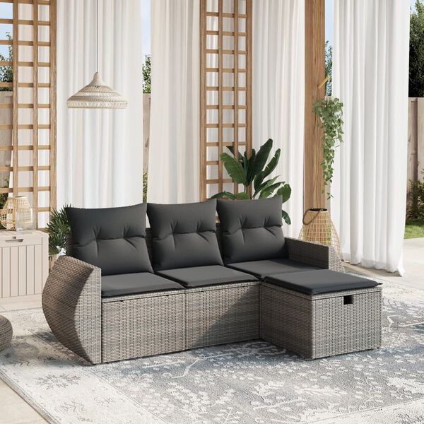 vidaXL 4-delige Loungeset met kussens poly rattan grijs