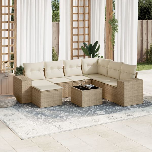 vidaXL 8-delige Loungeset met kussens poly rattan beige