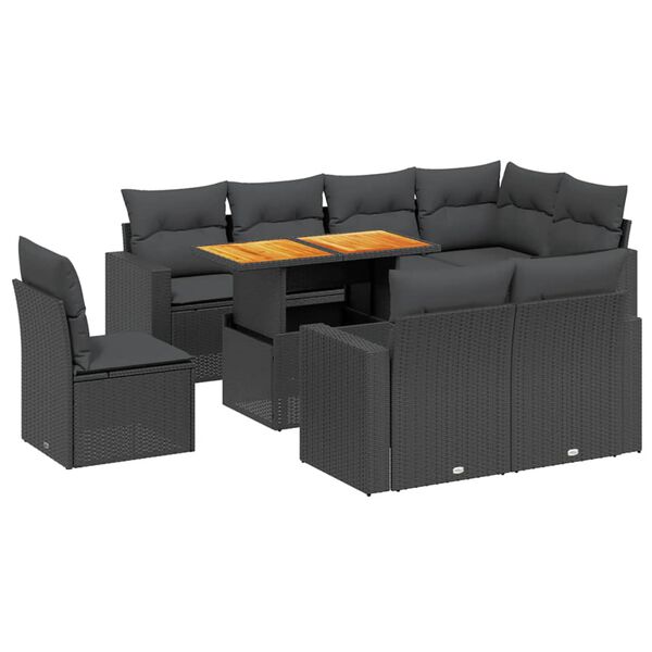 vidaXL 9-delige Loungeset met kussens poly rattan zwart