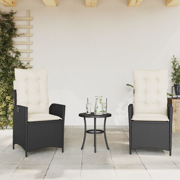 vidaXL 3-delige Bistroset met kussens poly rattan zwart
