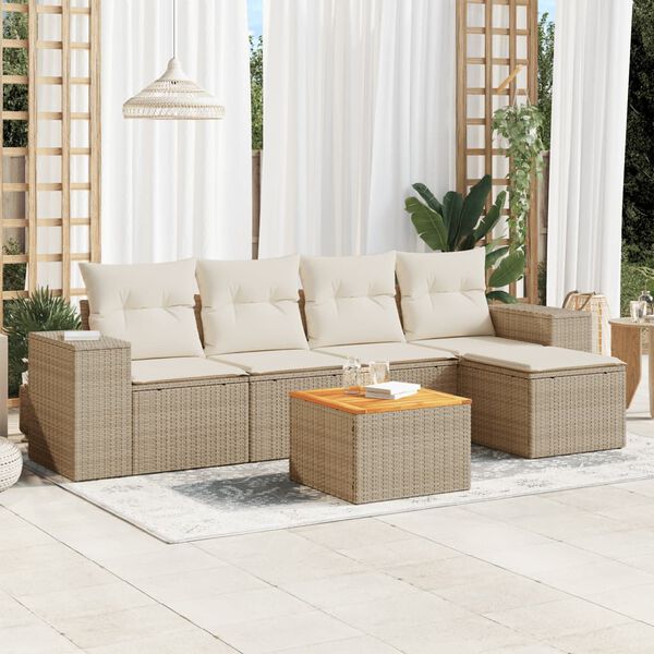vidaXL 6-delige Loungeset met kussens poly rattan beige