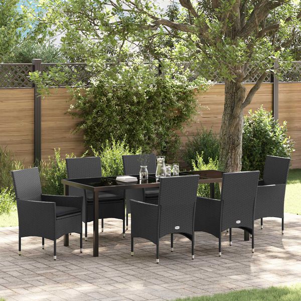 vidaXL Tuin eettafelset met kussen 7 pcs Zwart poly rattan