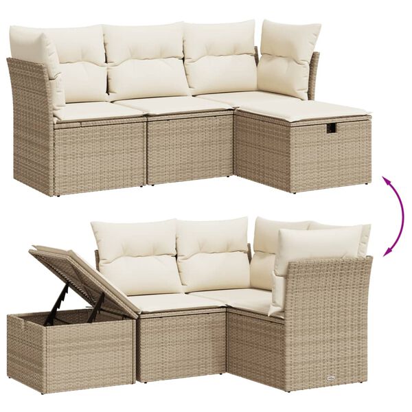 vidaXL 4-delige Loungeset met kussens poly rattan beige
