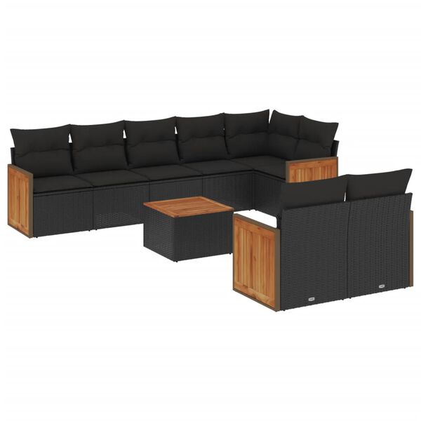 vidaXL 9-delige Loungeset met kussens poly rattan zwart