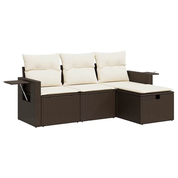 vidaXL 4-delige Loungeset met kussens poly rattan bruin