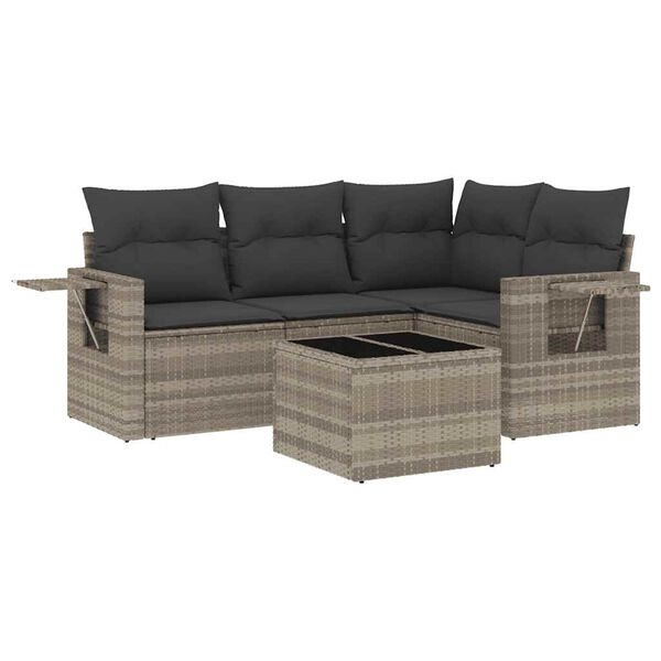 vidaXL 5-delige Loungeset met kussens poly rattan lichtgrijs