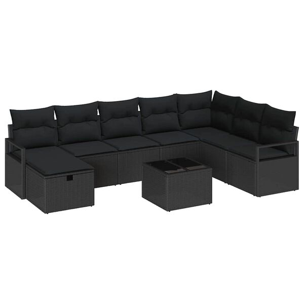 vidaXL Bankstel met kussen met opslag 9 pcs Zwart poly rattan