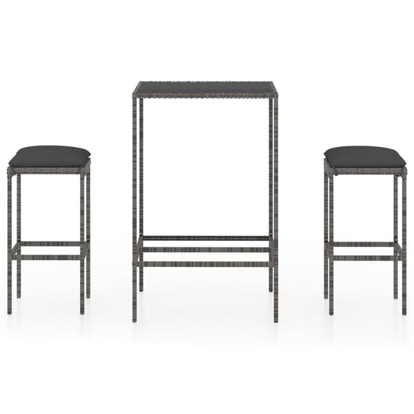 vidaXL 3-delige Tuinbarset met kussens poly rattan grijs