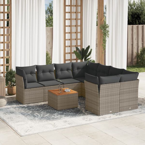 vidaXL 9-delige Loungeset met kussens poly rattan grijs