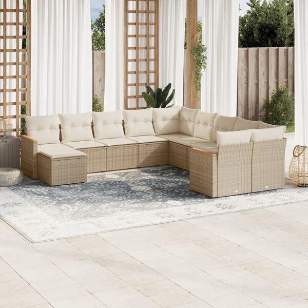 vidaXL 11-delige Tuinset met kussens poly rattan beige