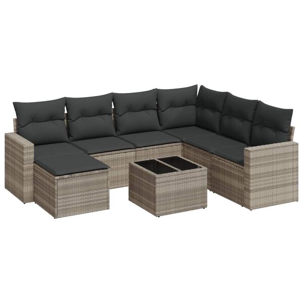 vidaXL 8-delige Loungeset met kussens poly rattan lichtgrijs