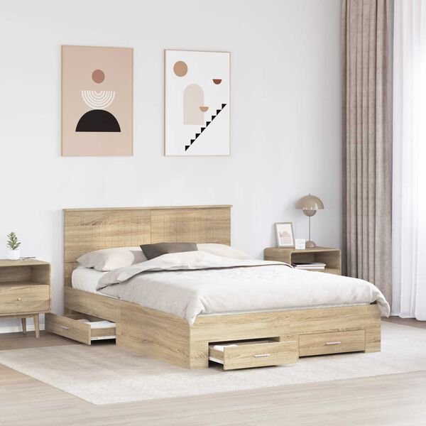 vidaXL Bedframe met hoofdeinde Sonoma Eiken 135 x 190 cm Bewerkt hout