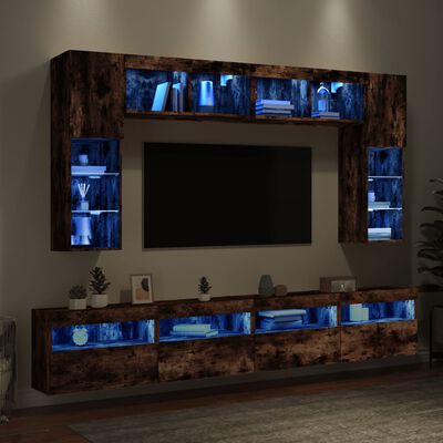 vidaXL 8-delige Tv-wandmeubelset met LED-verlichting gerookt eiken