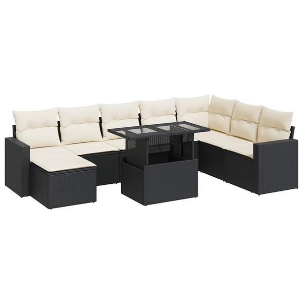 vidaXL 9-delige Loungeset met kussens poly rattan zwart