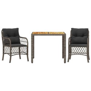 vidaXL 3-delige Bistroset met kussens poly rattan grijs