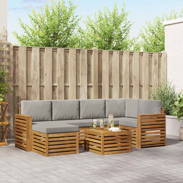 vidaXL Hoekbank Set 7 pcs Natuurlijk en Lichtgrijs Massief Acaciahout