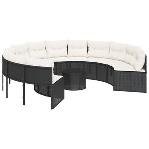 vidaXL Tuinbank met tafel en kussens rond poly rattan zwart