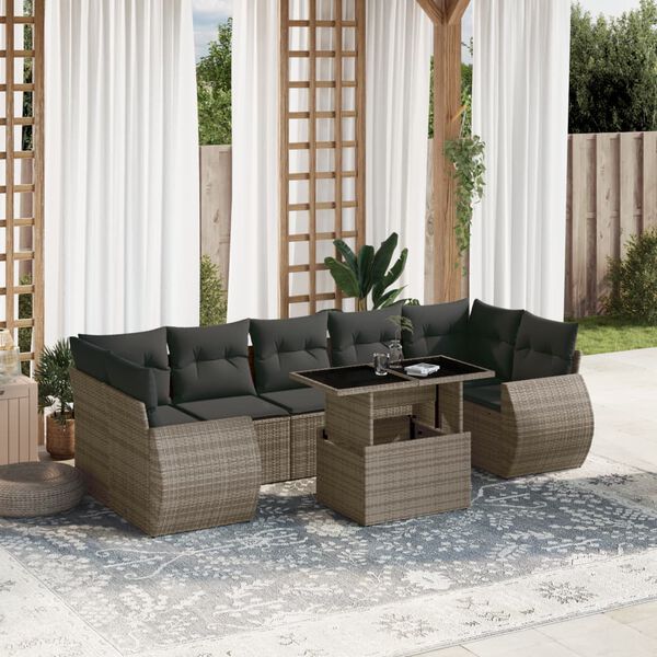 vidaXL 8-delige Loungeset met kussens poly rattan grijs