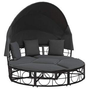 vidaXL Loungebed met luifel en kussens poly rattan zwart