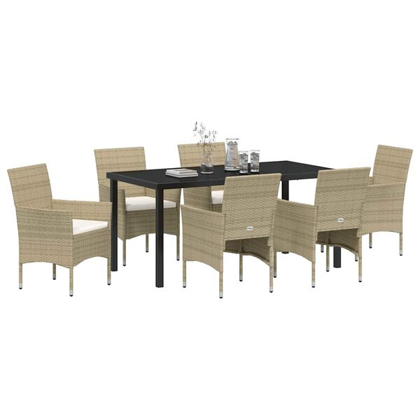 vidaXL Tuin eettafelset met kussen 7 pcs Beige poly rattan