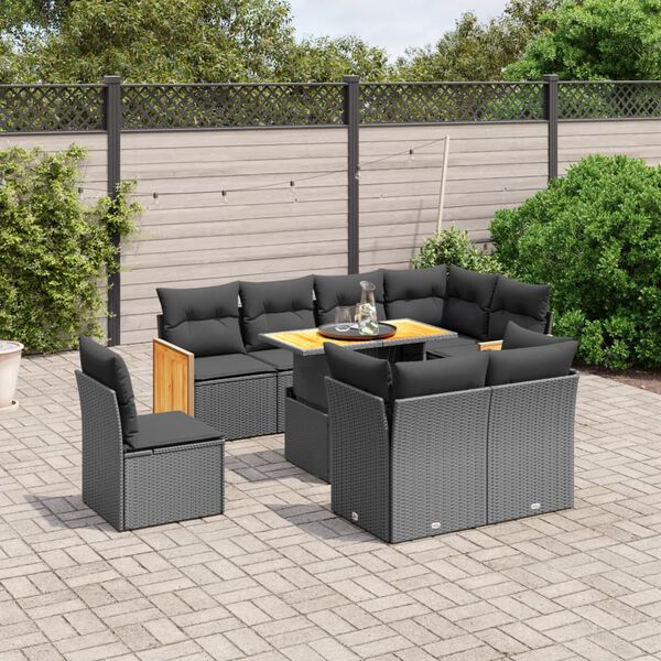 vidaXL 9-delige Loungeset met kussens poly rattan zwart